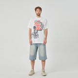 Stylish White Oversized T - Shirt with Edgy Skeleton & Chain Graphic Design