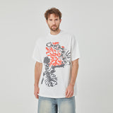 Stylish White Oversized T - Shirt with Edgy Skeleton & Chain Graphic Design