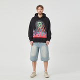 Men’s Black Hoodie with Vibrant Skull and Flame Graphic