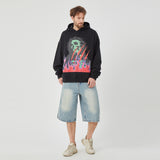 Men’s Black Hoodie with Vibrant Skull and Flame Graphic