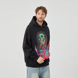 Men’s Black Hoodie with Vibrant Skull and Flame Graphic