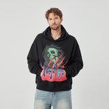 Men’s Black Hoodie with Vibrant Skull and Flame Graphic