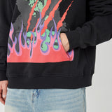 Men’s Black Hoodie with Vibrant Skull and Flame Graphic
