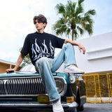 Men's Loose Fit Black Flame Graphic T-Shirt
