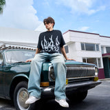 Men's Loose Fit Black Flame Graphic T-Shirt