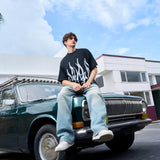 Men's Loose Fit Black Flame Graphic T-Shirt