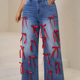 Women Plus High-Waisted Wide-Leg Denim Pants with Red Ribbon Detailing