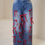 Women Plus High-Waisted Wide-Leg Denim Pants with Red Ribbon Detailing