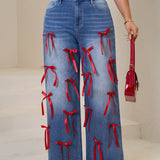 Women Plus High-Waisted Wide-Leg Denim Pants with Red Ribbon Detailing