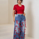 Women Plus High-Waisted Wide-Leg Denim Pants with Red Ribbon Detailing