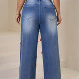 Women Plus High-Waisted Wide-Leg Denim Pants with Red Ribbon Detailing