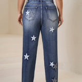 Distressed Wide-Leg Denim Jeans with Star Embroidery