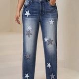 Distressed Wide-Leg Denim Jeans with Star Embroidery