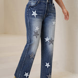 Distressed Wide-Leg Denim Jeans with Star Embroidery