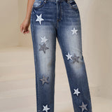 Distressed Wide-Leg Denim Jeans with Star Embroidery