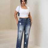 Distressed Wide-Leg Denim Jeans with Star Embroidery