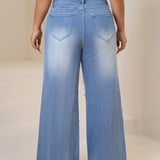 Women plus High-Waisted Wide-Leg Denim Pants with Pink Ribbon Embellishments