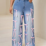 Women plus High-Waisted Wide-Leg Denim Pants with Pink Ribbon Embellishments