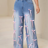 Women plus High-Waisted Wide-Leg Denim Pants with Pink Ribbon Embellishments