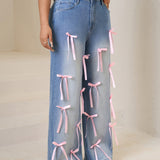 Women plus High-Waisted Wide-Leg Denim Pants with Pink Ribbon Embellishments