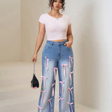 Women plus High-Waisted Wide-Leg Denim Pants with Pink Ribbon Embellishments