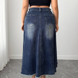 Women's Plus High - Waisted Asymmetric Hem Distressed Denim Midi Skirt