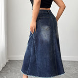Women's Plus High - Waisted Asymmetric Hem Distressed Denim Midi Skirt