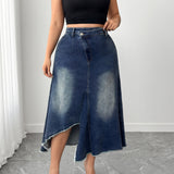 Women's Plus High - Waisted Asymmetric Hem Distressed Denim Midi Skirt