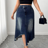 Women's Plus High - Waisted Asymmetric Hem Distressed Denim Midi Skirt