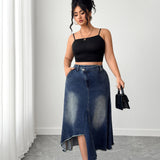 Women's Plus High - Waisted Asymmetric Hem Distressed Denim Midi Skirt