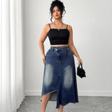 Women's Plus High - Waisted Asymmetric Hem Distressed Denim Midi Skirt