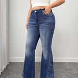 Women's Plus High Waisted Flare Jeans with Lace Side Detailing