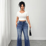 Women's Plus High Waisted Flare Jeans with Lace Side Detailing