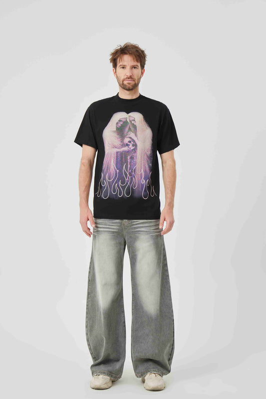 Ghostly Skull and Flame Graphic T - shirt
