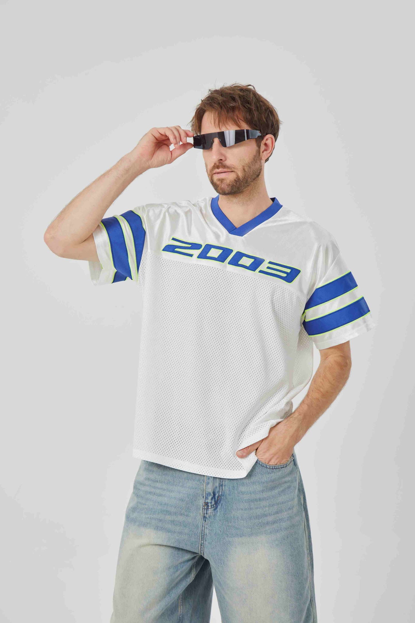ROCK & CALEB Men's White Blue - striped Sports Tshirt
