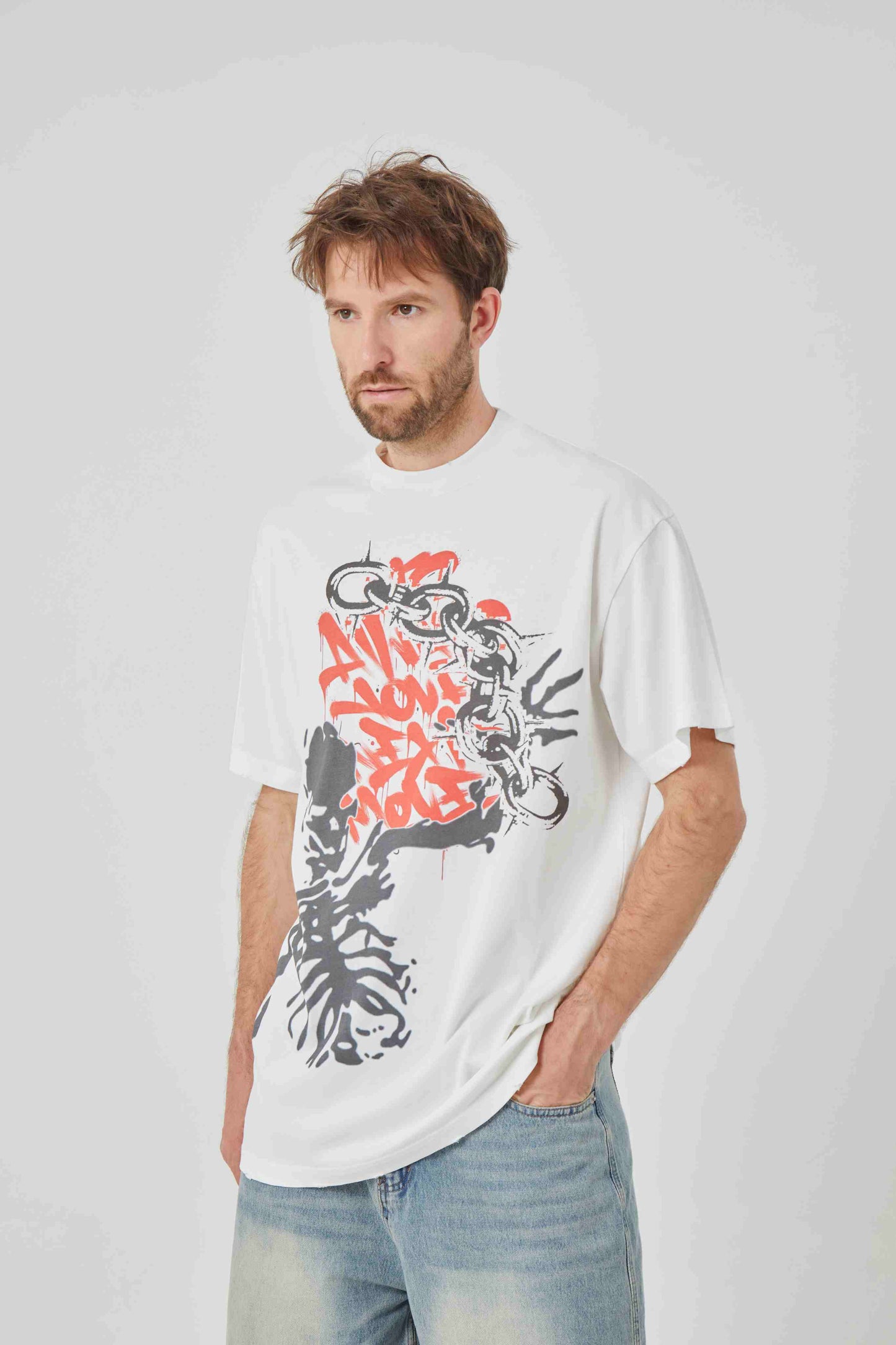 ROCK & CALEB Distinctive Graphic White T - shirt