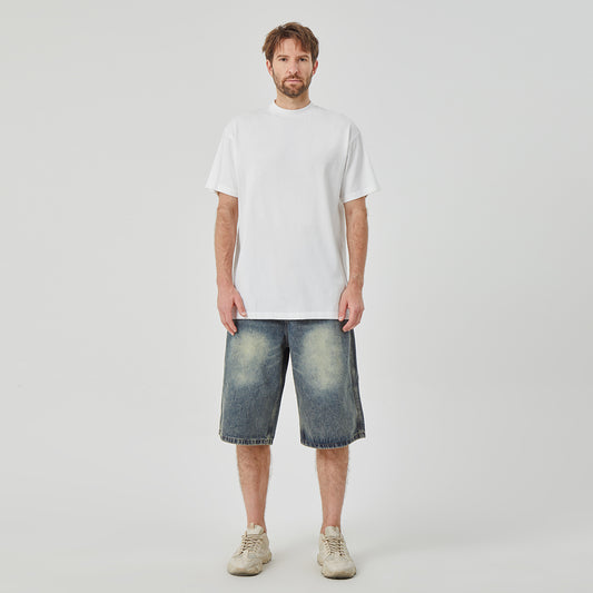 ROCK&CALEB Men's White T - Shirt & Washed Denim Shorts Set