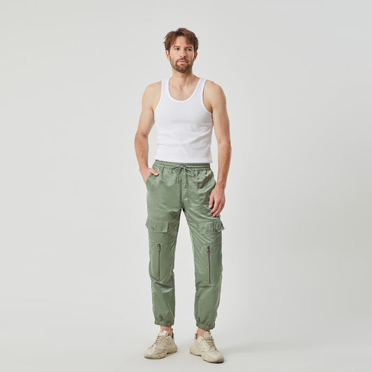 ROCK&CALEB Men's White Tank Top with Olive Green Cargo Joggers Set