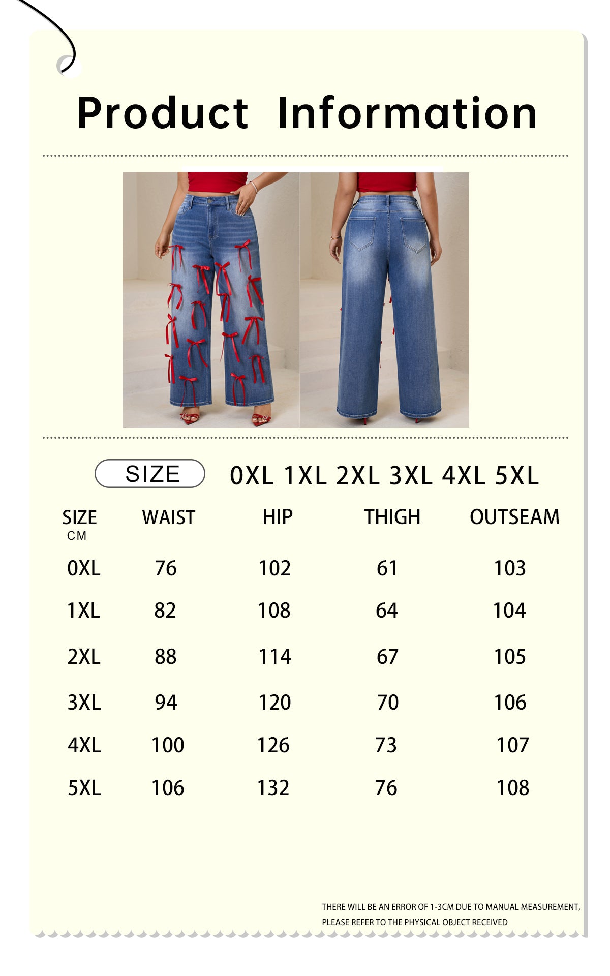 Women Plus High-Waisted Wide-Leg Denim Pants with Red Ribbon Detailing