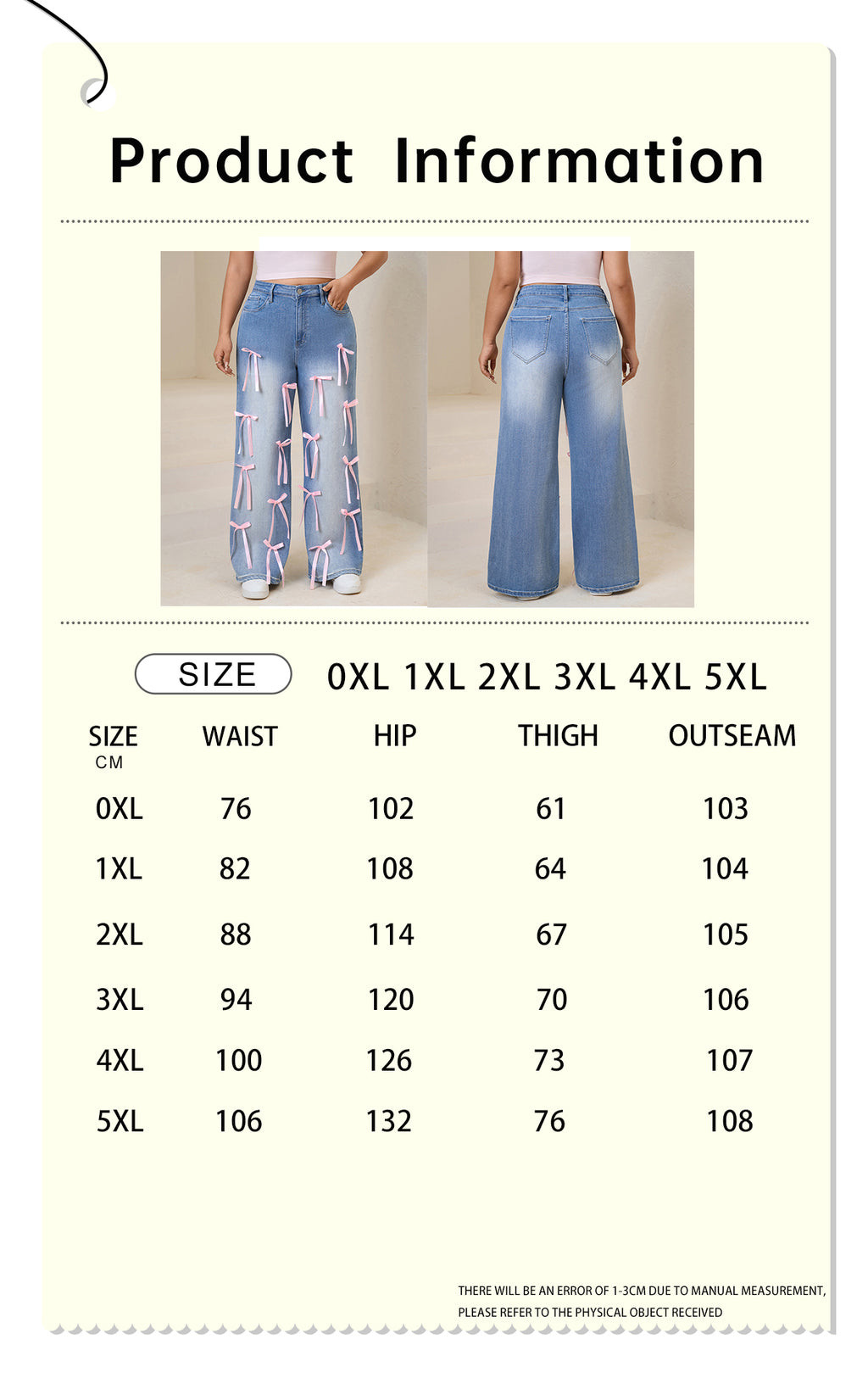 Women plus High-Waisted Wide-Leg Denim Pants with Pink Ribbon Embellishments