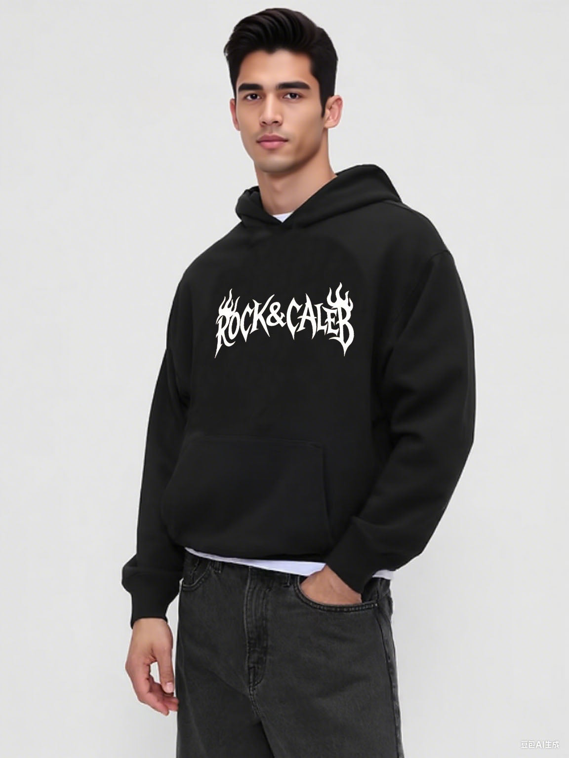 Men's Print  Oversized Black Hoodie