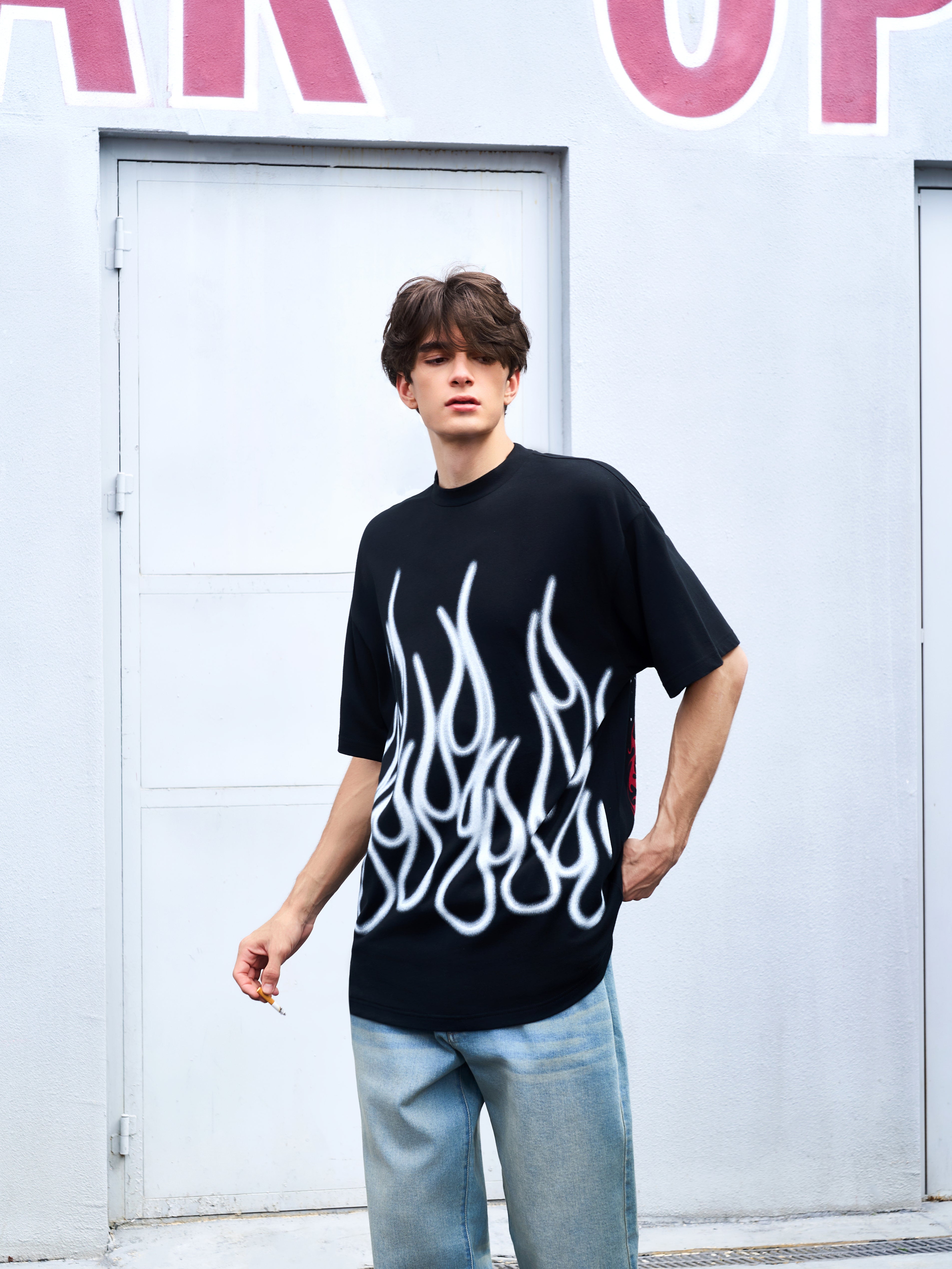 Men's Loose Fit Black Flame Graphic T-Shirt
