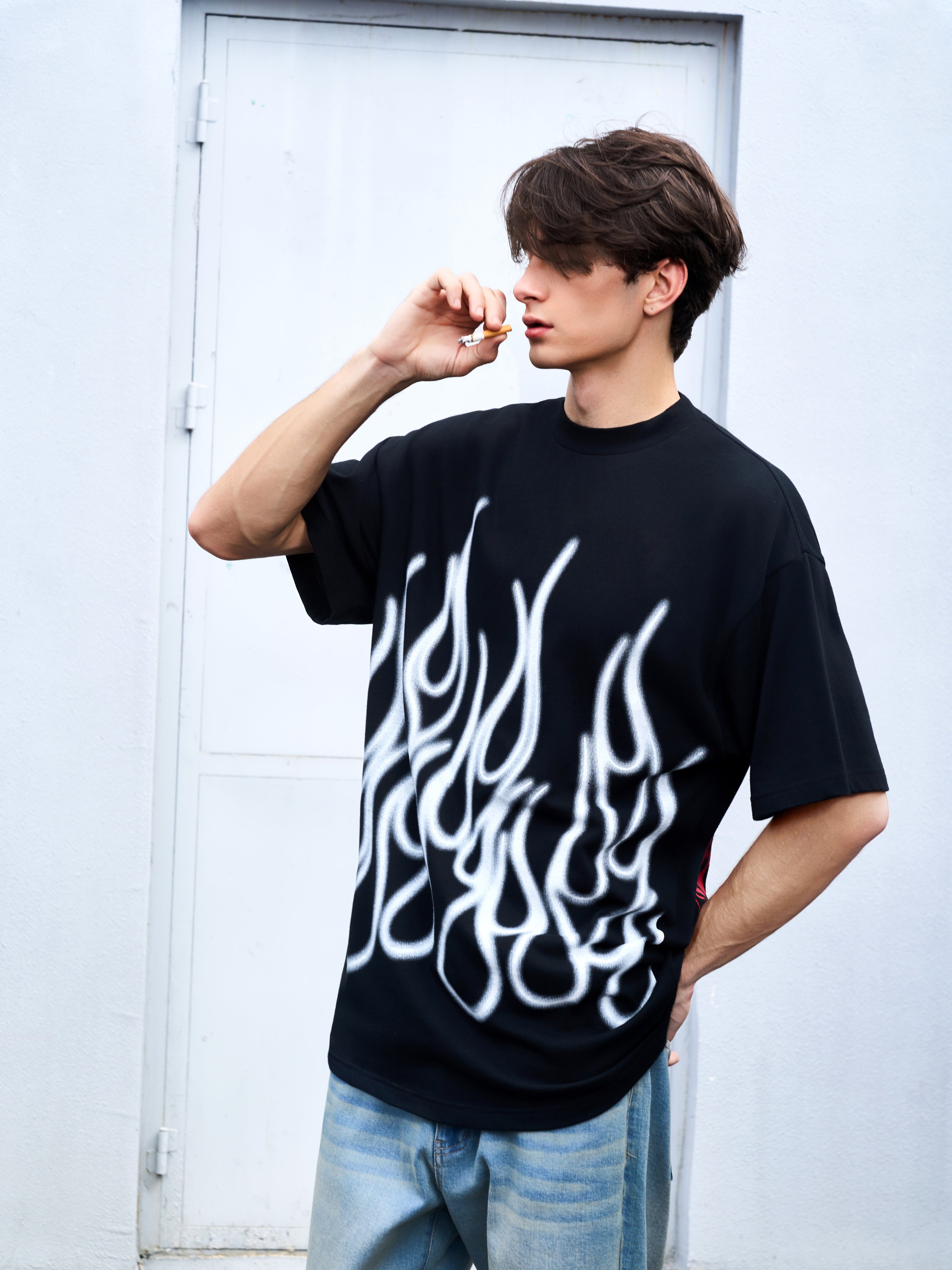 Men's Loose Fit Black Flame Graphic T-Shirt