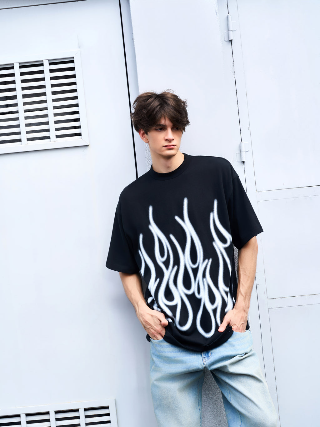 Men's Loose Fit Black Flame Graphic T-Shirt