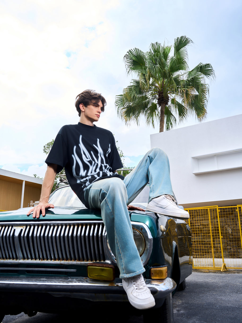 Men's Loose Fit Black Flame Graphic T-Shirt