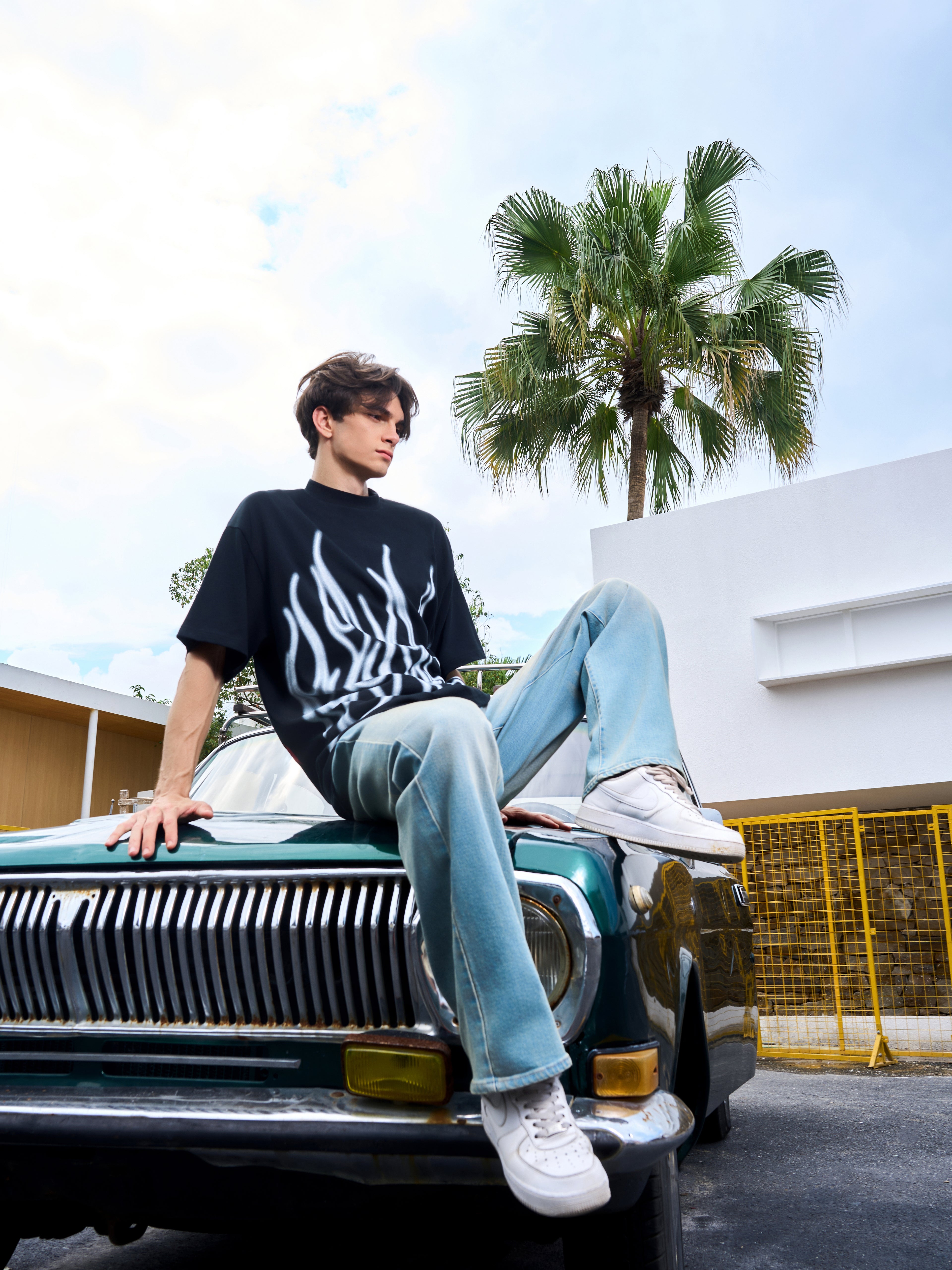 Men's Loose Fit Black Flame Graphic T-Shirt