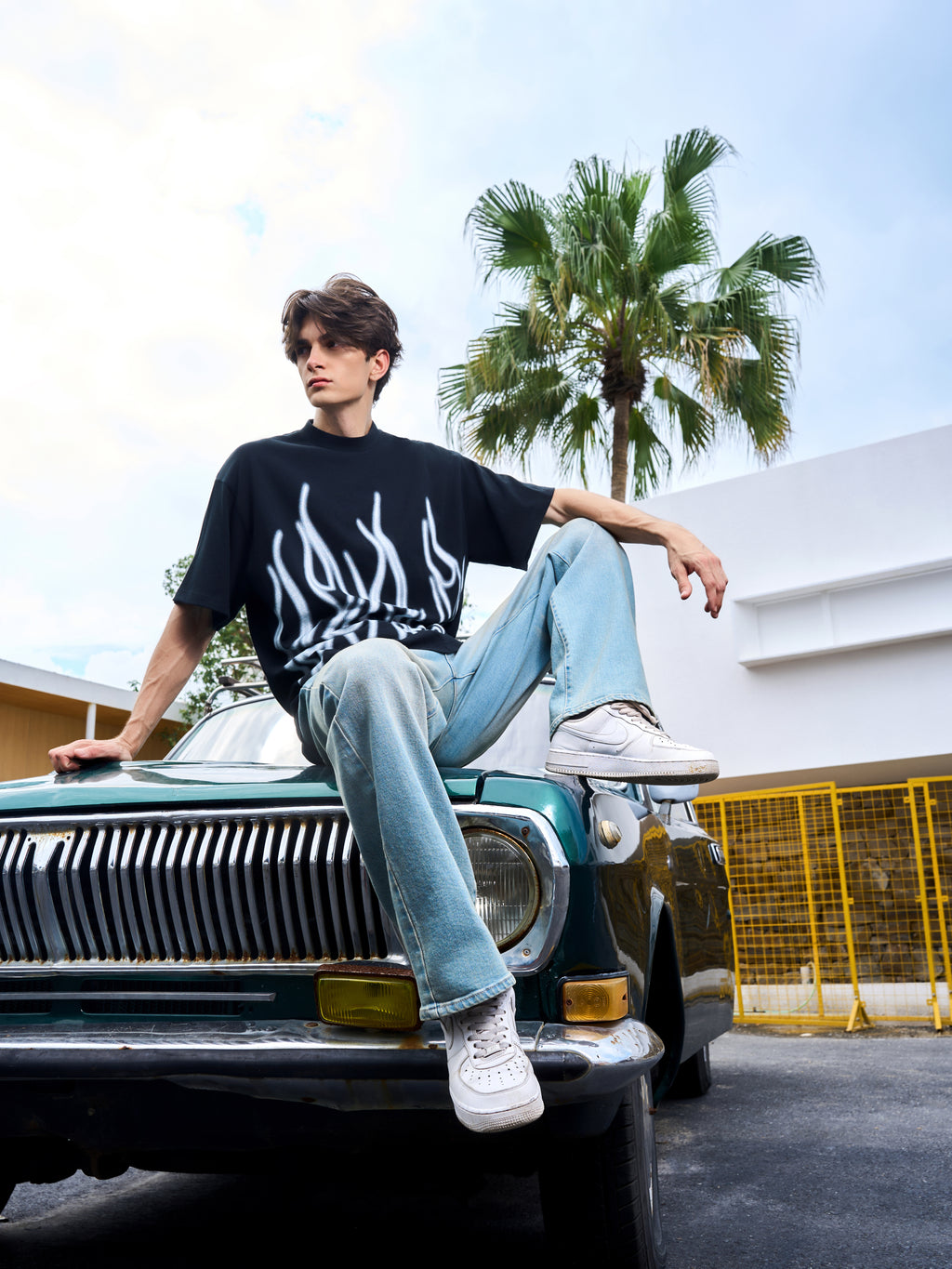 Men's Loose Fit Black Flame Graphic T-Shirt