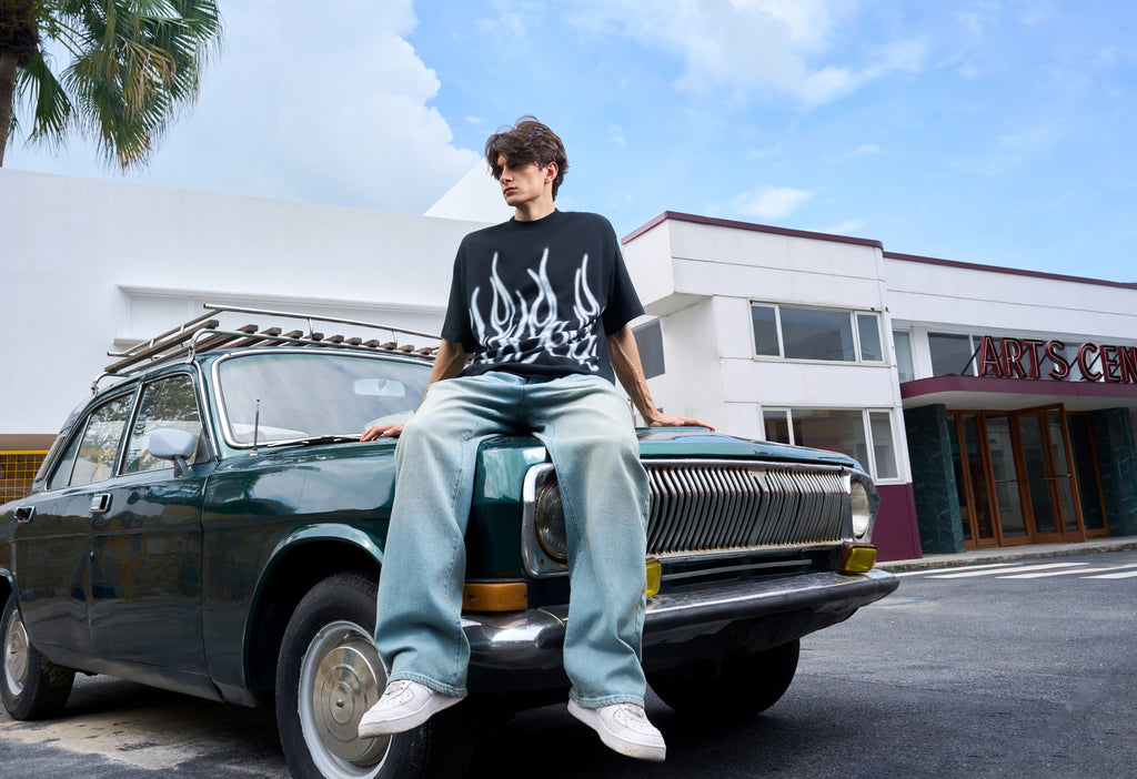 Men's Loose Fit Black Flame Graphic T-Shirt