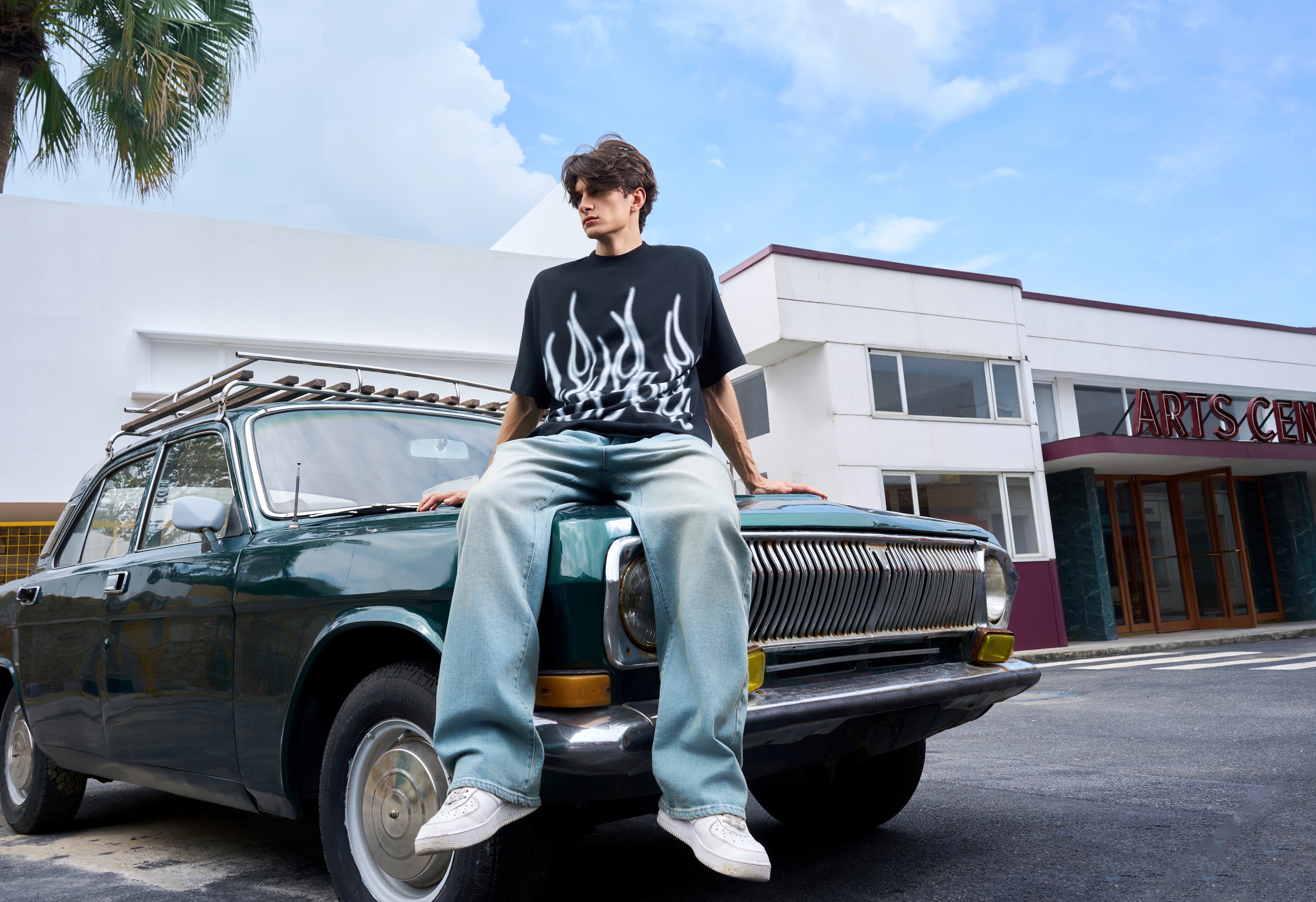 Men's Loose Fit Black Flame Graphic T-Shirt