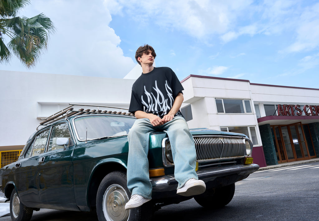 Men's Loose Fit Black Flame Graphic T-Shirt